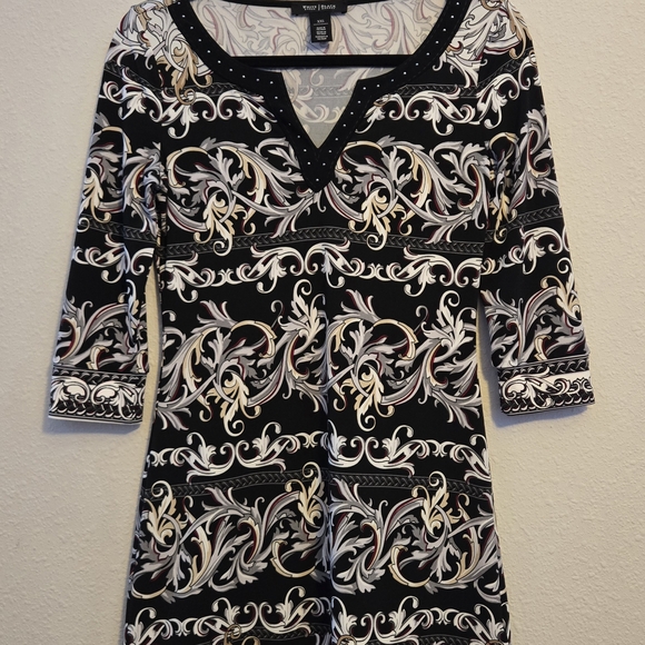 White House Black Marker Black and White Patterned Dress with Studded Neckline - Picture 1 of 7
